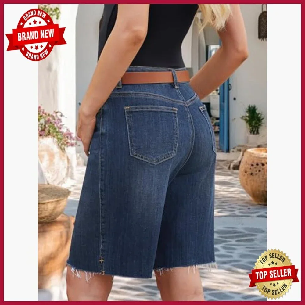 High Waisted Baggy Denim Bermuda Shorts Ripped Distressed Casual